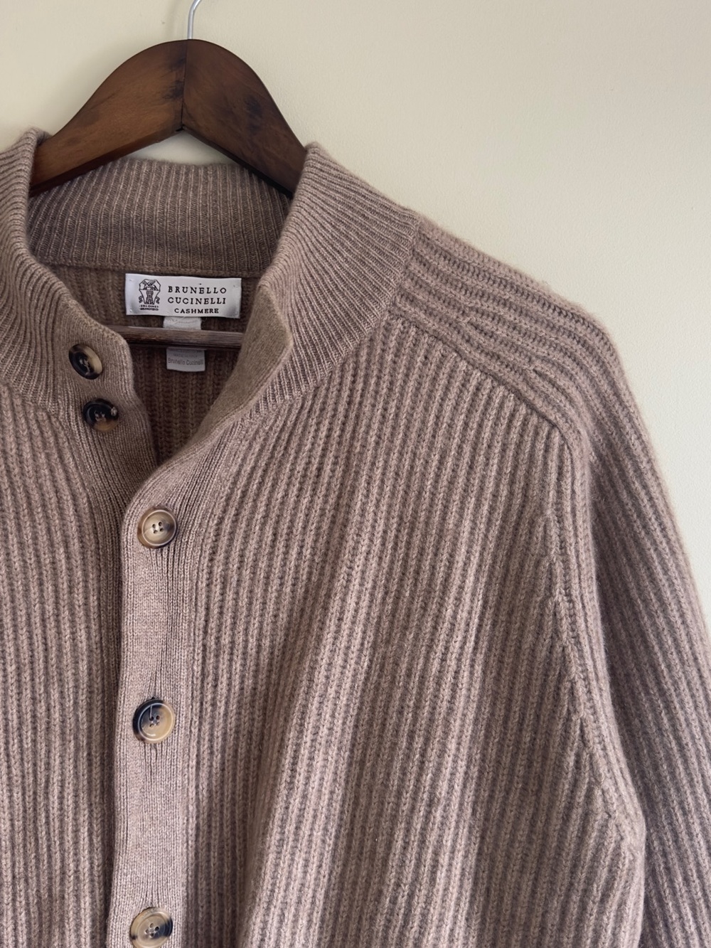 Brunello Cucinelli 100% Cashmere Ribbed Cardigan in Taupe